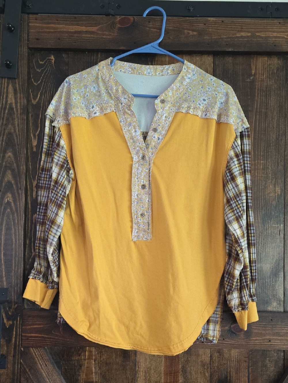 Women's Casual Mustard Henley Shirt with Patterned Accents